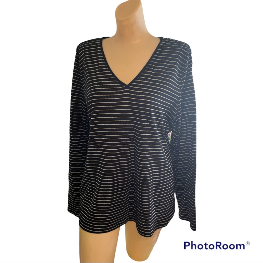 Lauren by Ralph Lauren  Long Sleeve V-neck Shirt with Metallic Stripes Size XL